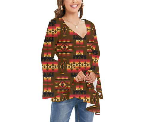 GB-NAT00046-08 Tribe Design Native Women's V-neck Blouse With Flared Sleeves