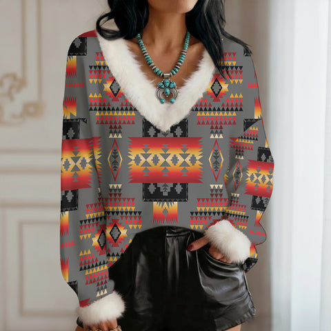 GB-NAT00046-11 Native American Faux Knit V-Neck Sweater Top with Fur Trim
