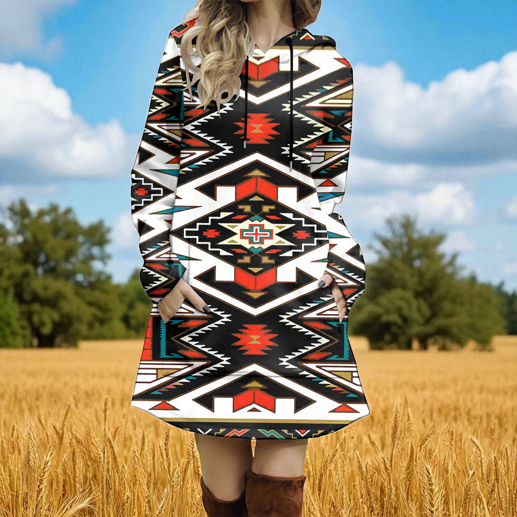 GB-NAT00049 Native American Women Longline Hoodie Dress
