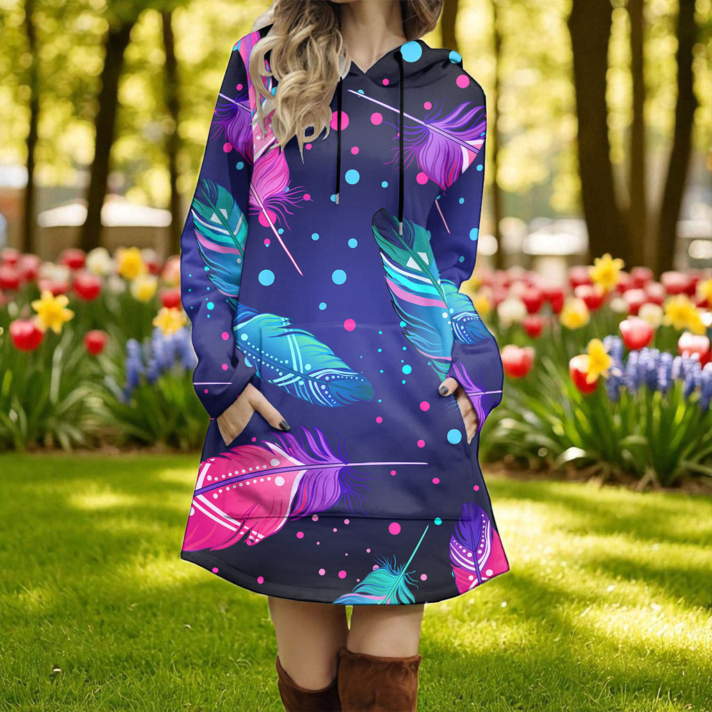 GB-NAT00052 Feather Native American Women Longline Hoodie Dress