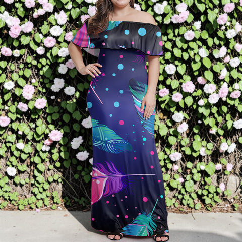 GB-NAT00052 Native American Off Shoulder Ruffle Maxi Dress