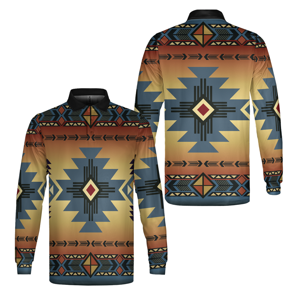 GB-NAT00057-01 Southwest Blue Native American Long Sleeve Polo Shirt