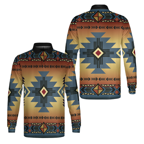 GB-NAT00057-01 Southwest Blue Native American Long Sleeve Polo Shirt