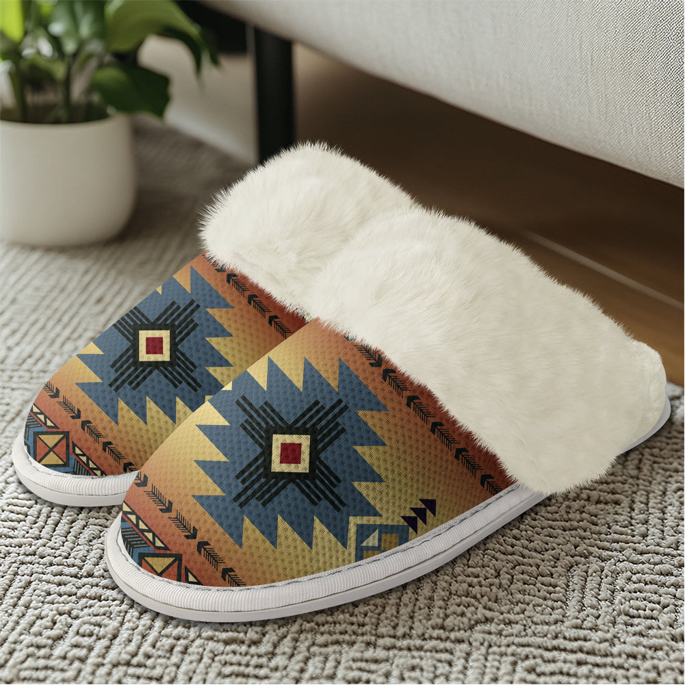 GB-NAT00057-01 Southwest Blue Native American Slippers With Fur Edges