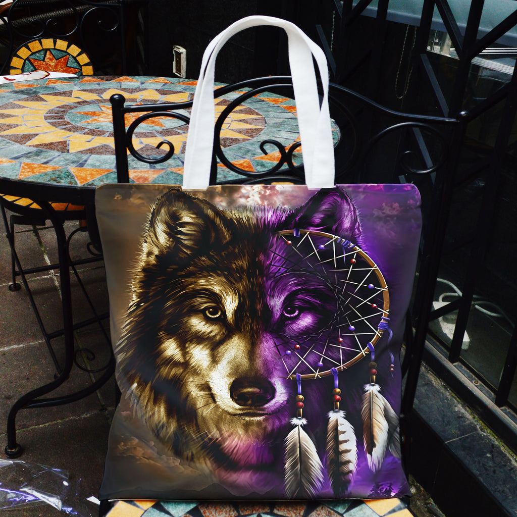 GB-NAT0005 Dream Catcher Purple Wolf Native American Pocket Canvas Bag