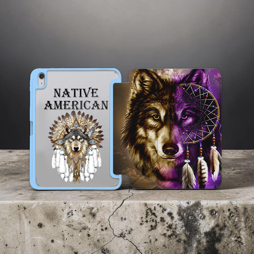 GB-NAT0005 Dreamcatcher Wolf v2 Native American Y-fold Tablet Cases