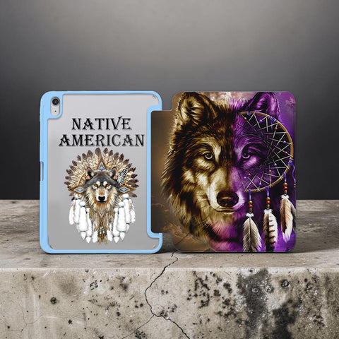 GB-NAT0005 Dreamcatcher Wolf v2 Native American Y-fold Tablet Cases