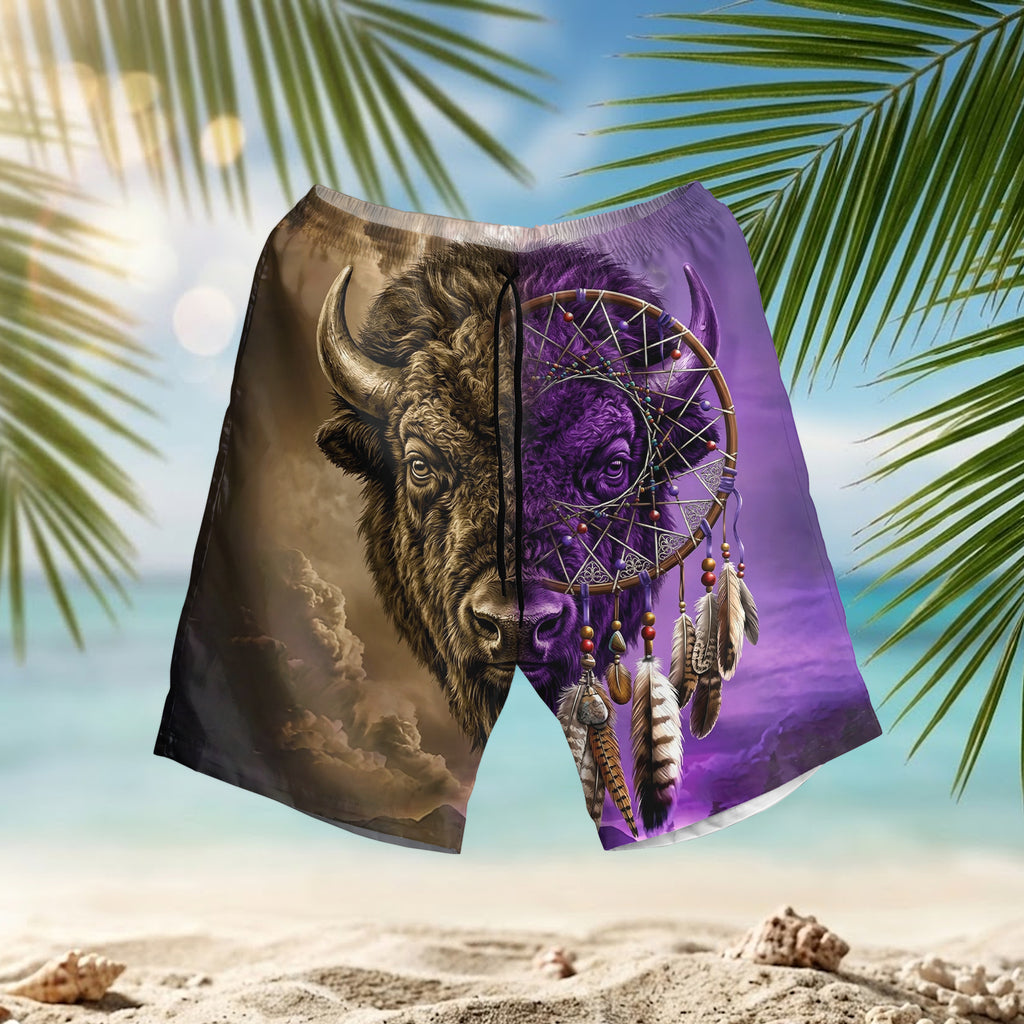 GB-NAT0005v2 Bison Dreamcatcher Native American Hawaiian Shorts