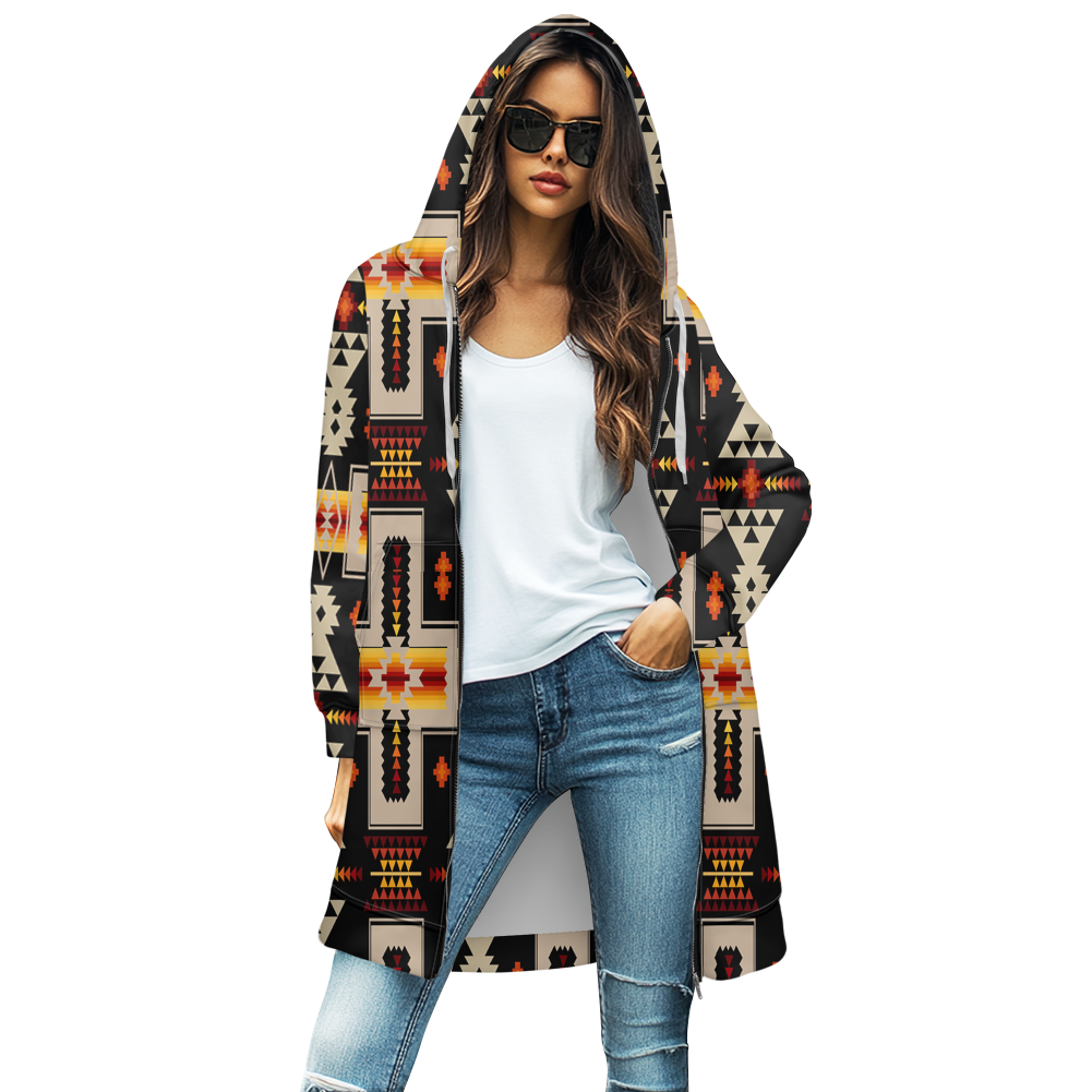 GB-NAT00062-01 Black Tribe Design Native Women's Mid-Length Hooded Sweatshirt Cardigan