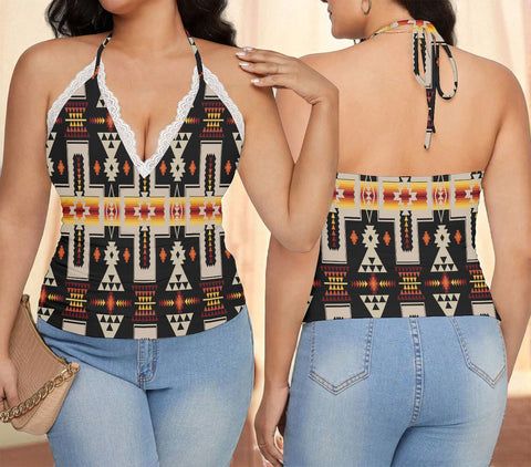 GB-NAT00062-01 Native American Women Lace-Trimmed Tie-Back Top