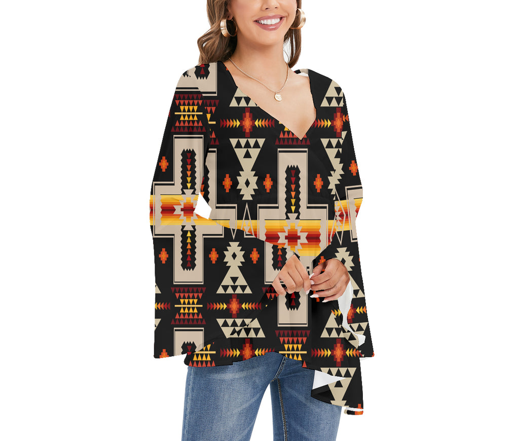 GB-NAT00062-01 Tribe Design Native Women's V-neck Blouse With Flared Sleeves