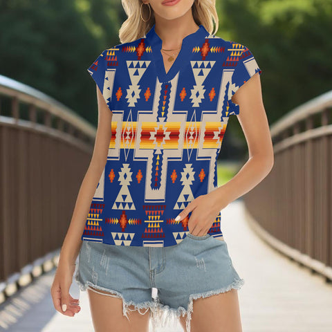 GB-NAT00062-04 Native American Women Stacked V-neck Short Sleeve Blouse