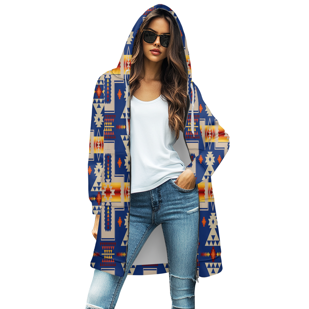 GB-NAT00062-04 Tribe Design Native Women's Mid-Length Hooded Sweatshirt Cardigan