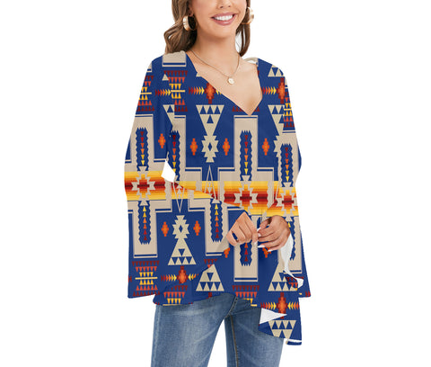 GB-NAT00062-04 Tribe Design Native Women's V-neck Blouse With Flared Sleeves