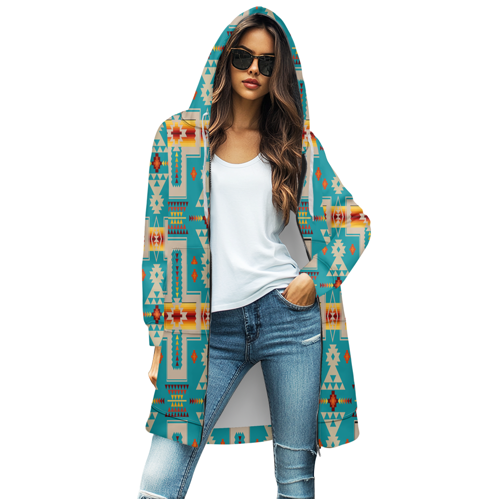 GB-NAT00062-05 Tribe Design Native Women's Mid-Length Hooded Sweatshirt Cardigan