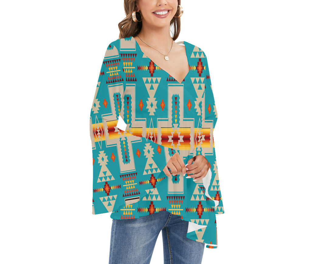 GB-NAT00062-05 Tribe Design Native Women's V-neck Blouse With Flared Sleeves