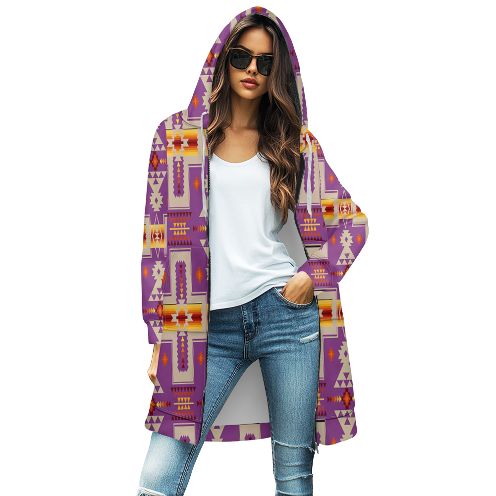 GB-NAT00062-07 Tribe Design Native Women's Mid-Length Hooded Sweatshirt Cardigan