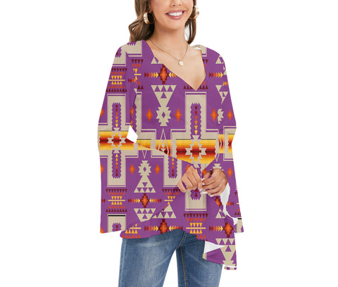 GB-NAT00062-07 Tribe Design Native Women's V-neck Blouse With Flared Sleeves