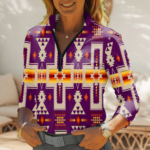 GB-NAT00062-09 Native American Women Quarter-Zip Long Sleeve Top