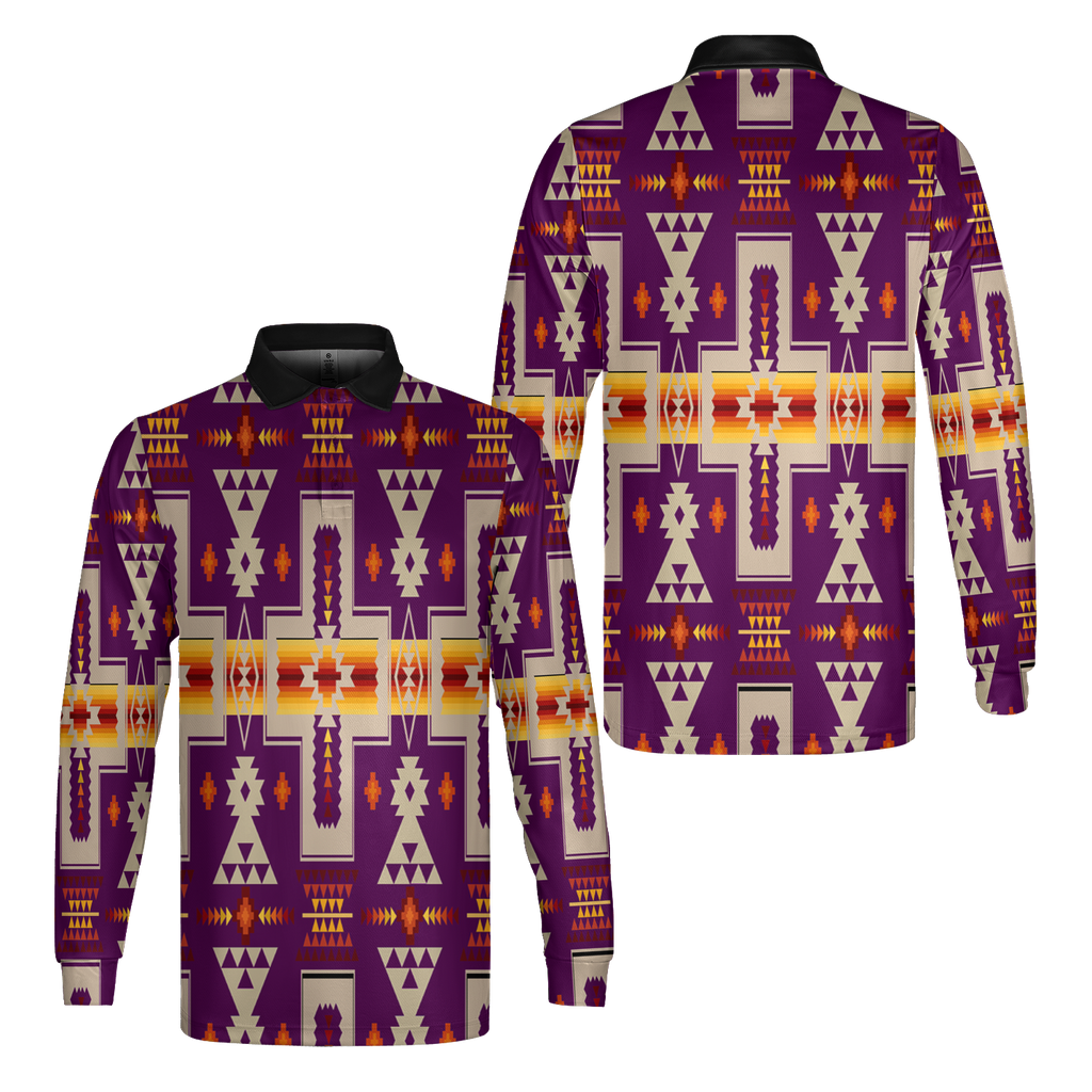 GB-NAT00062-09 Purple Design Native American Long Sleeve Polo Shirt