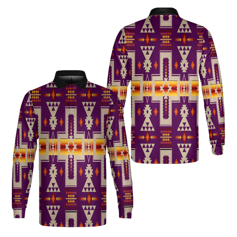 GB-NAT00062-09 Purple Design Native American Long Sleeve Polo Shirt