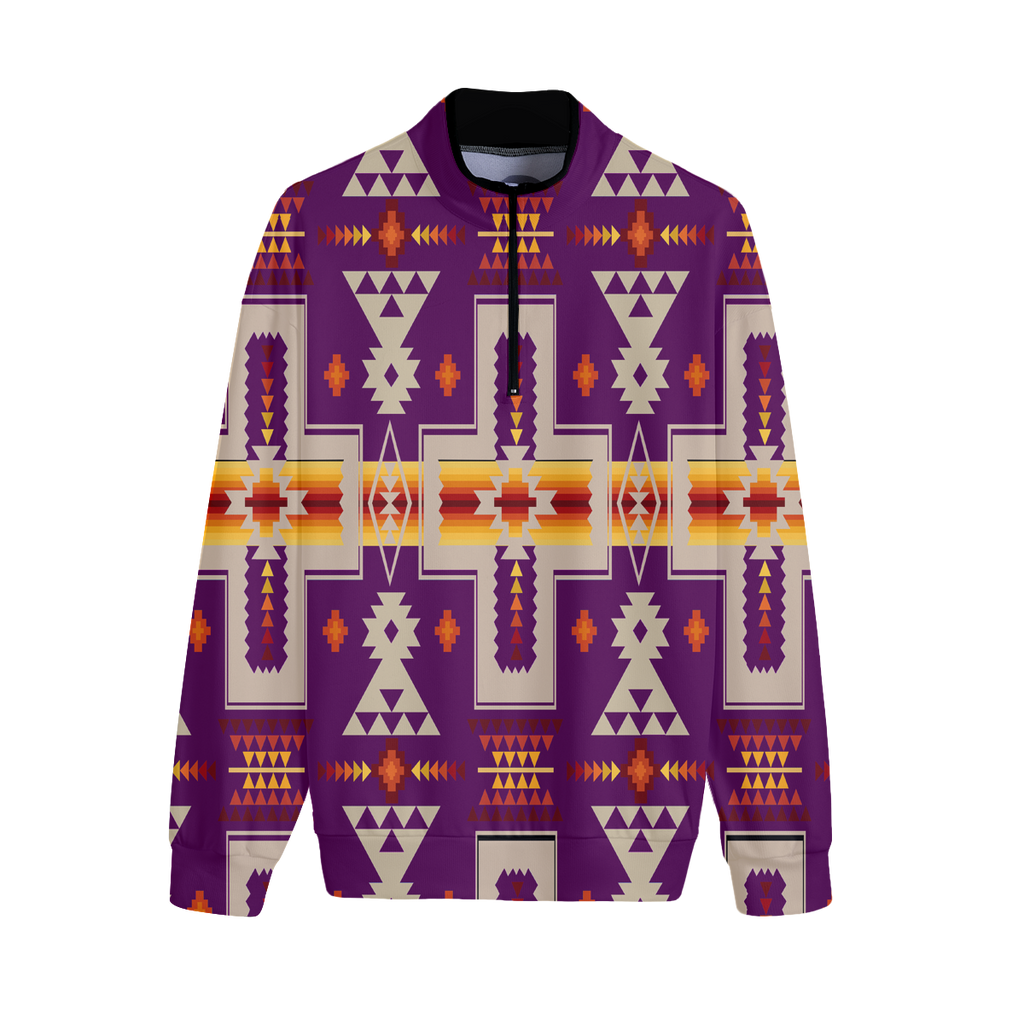 GB-NAT00062-09 Purple Design Pattern Native Stand-up Collar Sweater With Zipper Closure