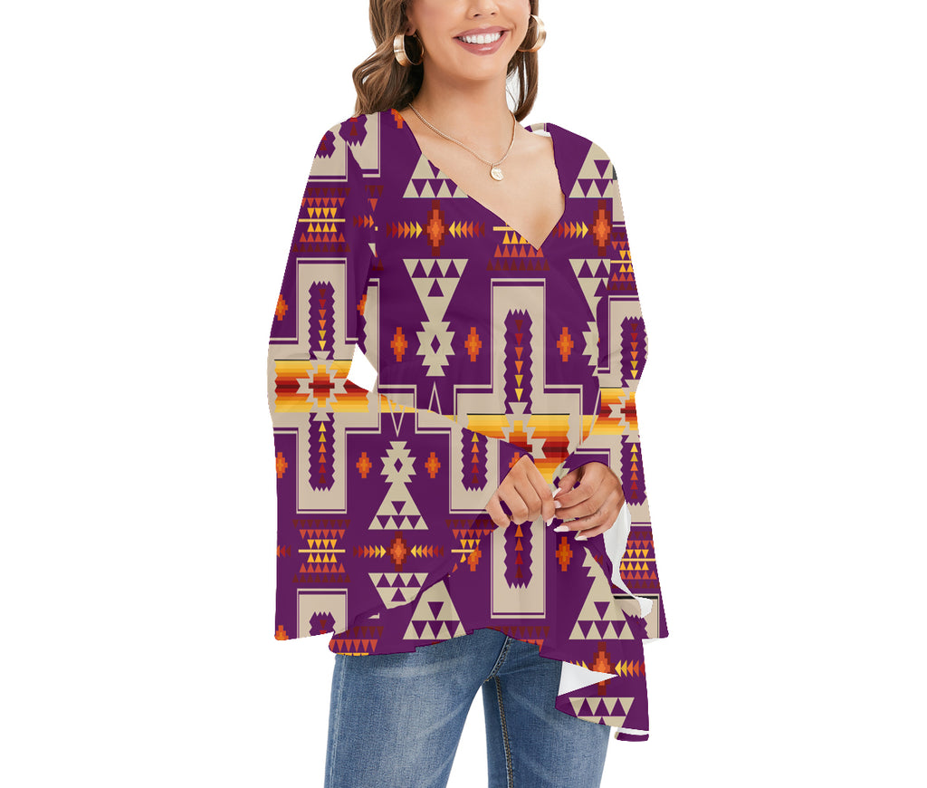 GB-NAT00062-09 Tribe Design Native Women's V-neck Blouse With Flared Sleeves