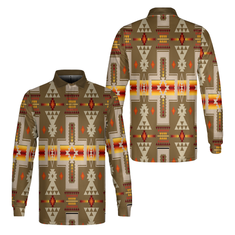 GB-NAT00062-10 Light Brown  Native American Long Sleeve Polo Shirt