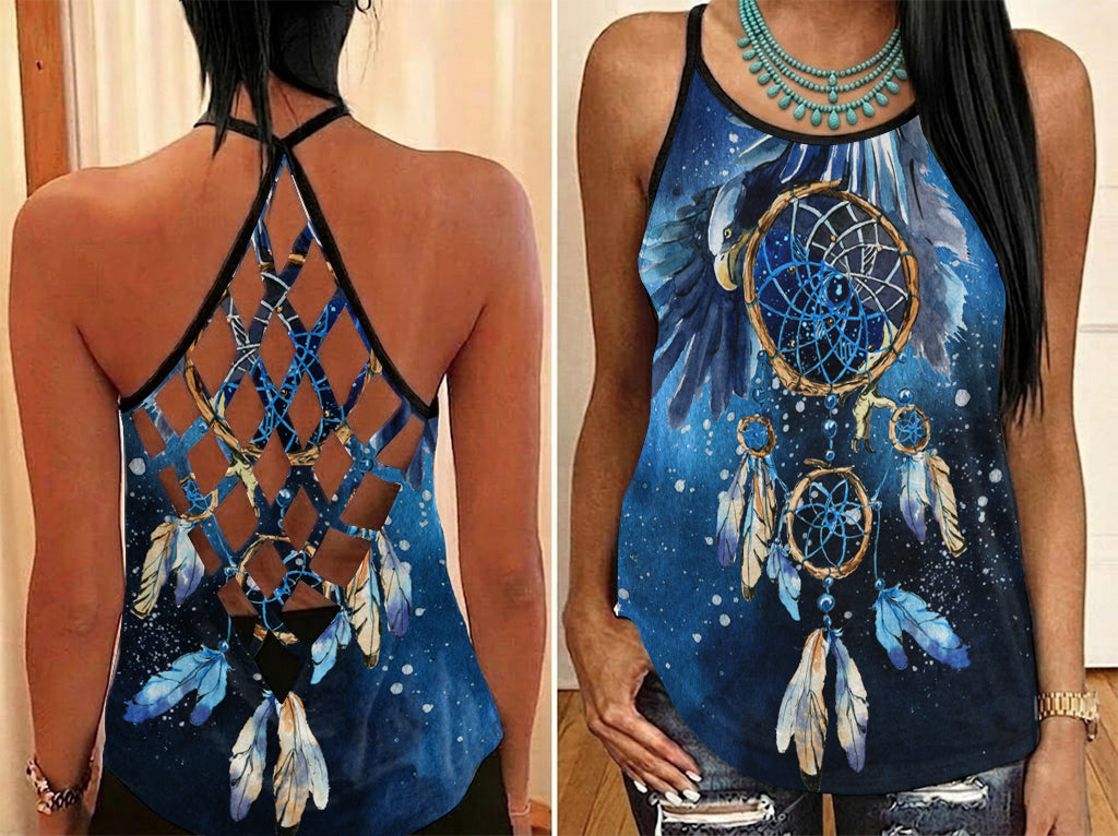 GB-NAT00065 Dreamcatcher Native American Criss-Cross Open Back Tank Top