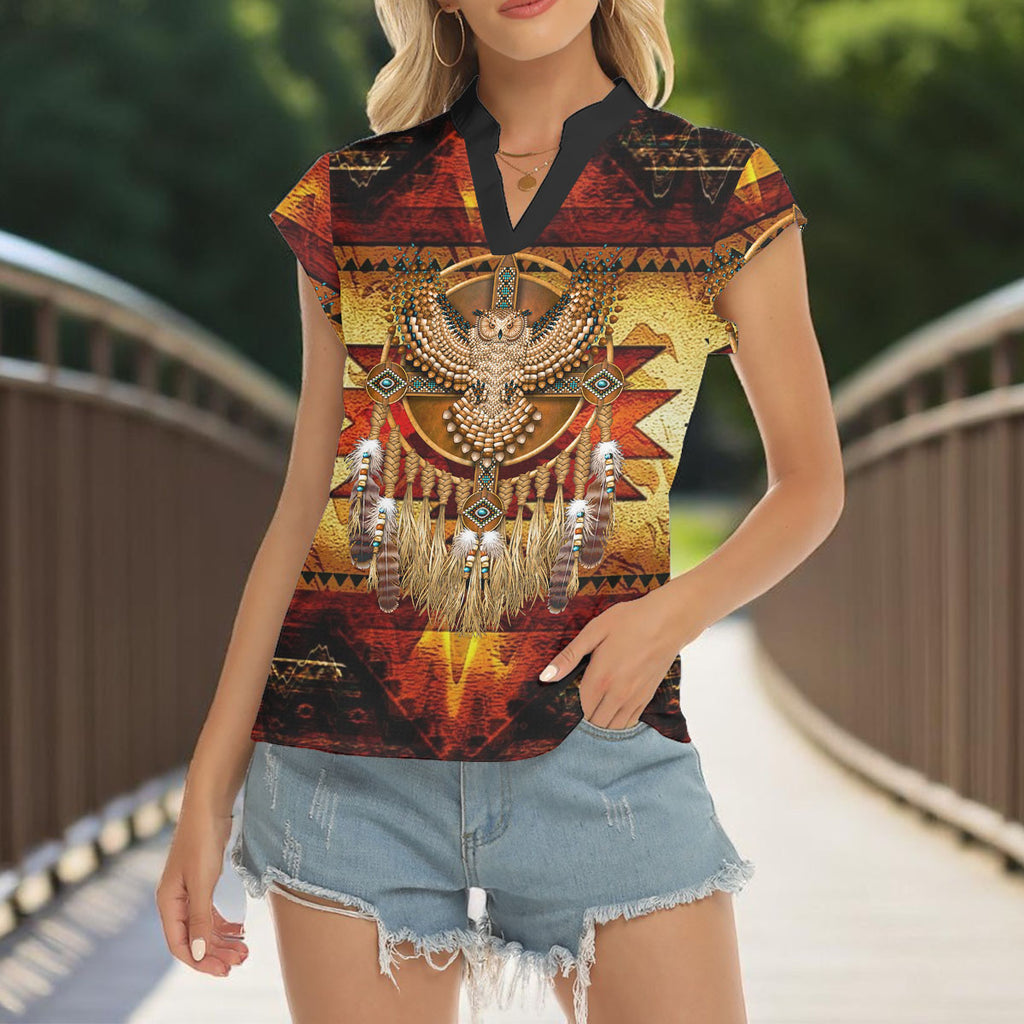 GB-NAT00068C Native American Women Stacked V-neck Short Sleeve Blouse