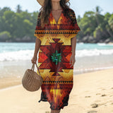 GB-NAT00068 Native American Women Loose V-Neck Summer Dress