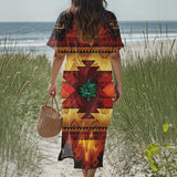 GB-NAT00068 Native American Women Loose V-Neck Summer Dress