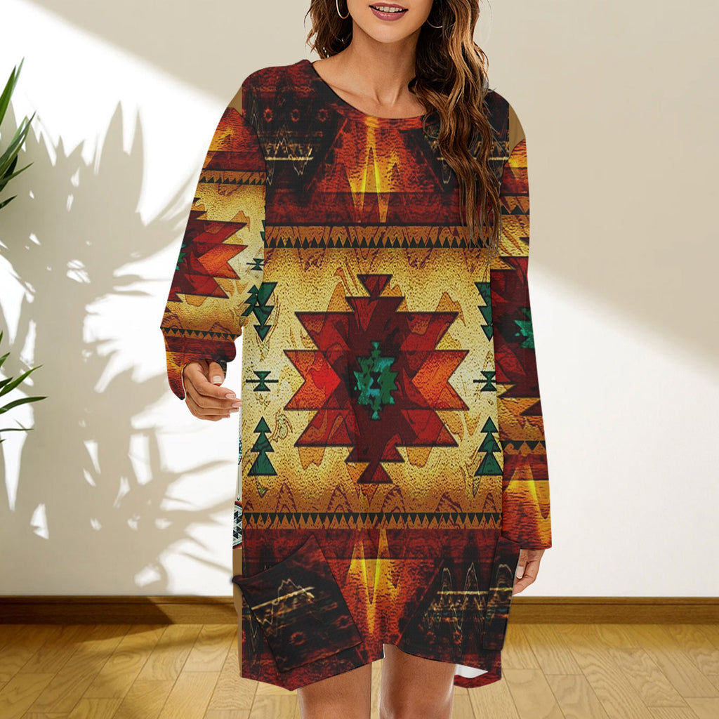 GB-NAT00068 Pattern Native American Women Loose Crew Neck Dress