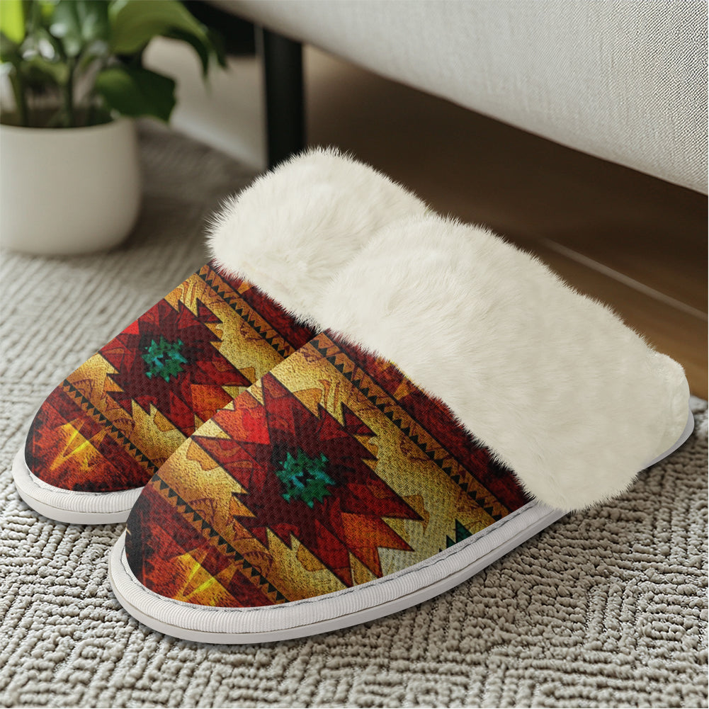 GB-NAT00068 United Tribes Brown Native American Slippers With Fur Edges