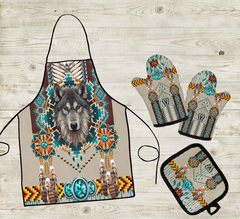 GB-NAT00069B Blue Mandala Wolf Apron & Oven Mitts And Potholder Set