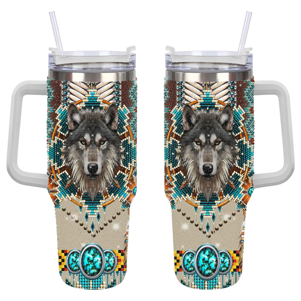 GB-NAT00069B Blue Mandala Wolf Rhinestone Diamond 40oz Tumbler