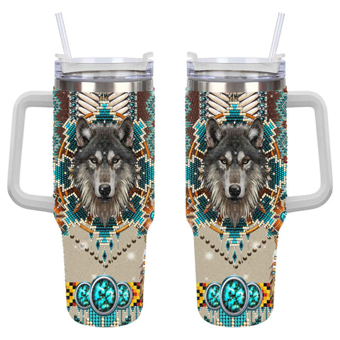 GB-NAT00069B Blue Mandala Wolf Rhinestone Diamond 40oz Tumbler