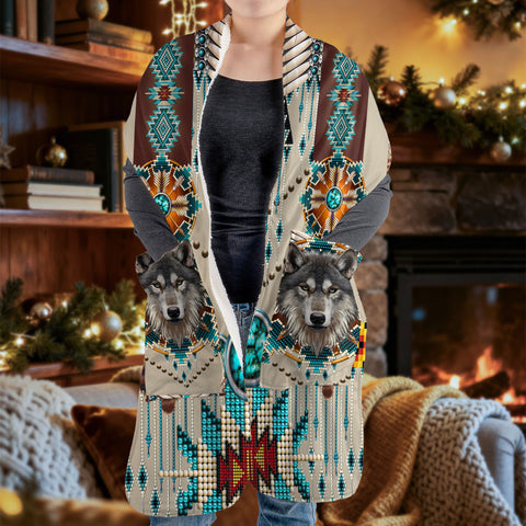 GB-NAT00069B Wolf Mandala Native American Fleece Pocket Scarf
