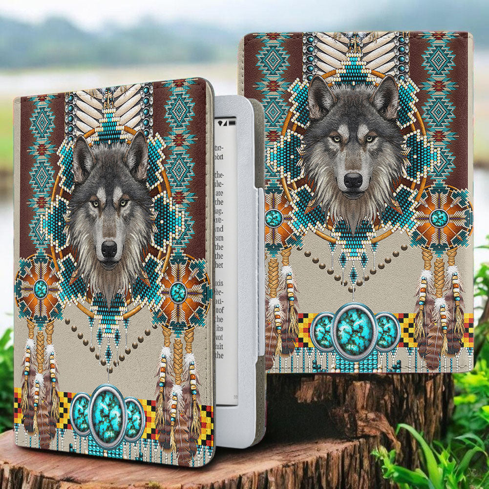 GB-NAT00069B Wolf Native American Kindle PU Leather Case
