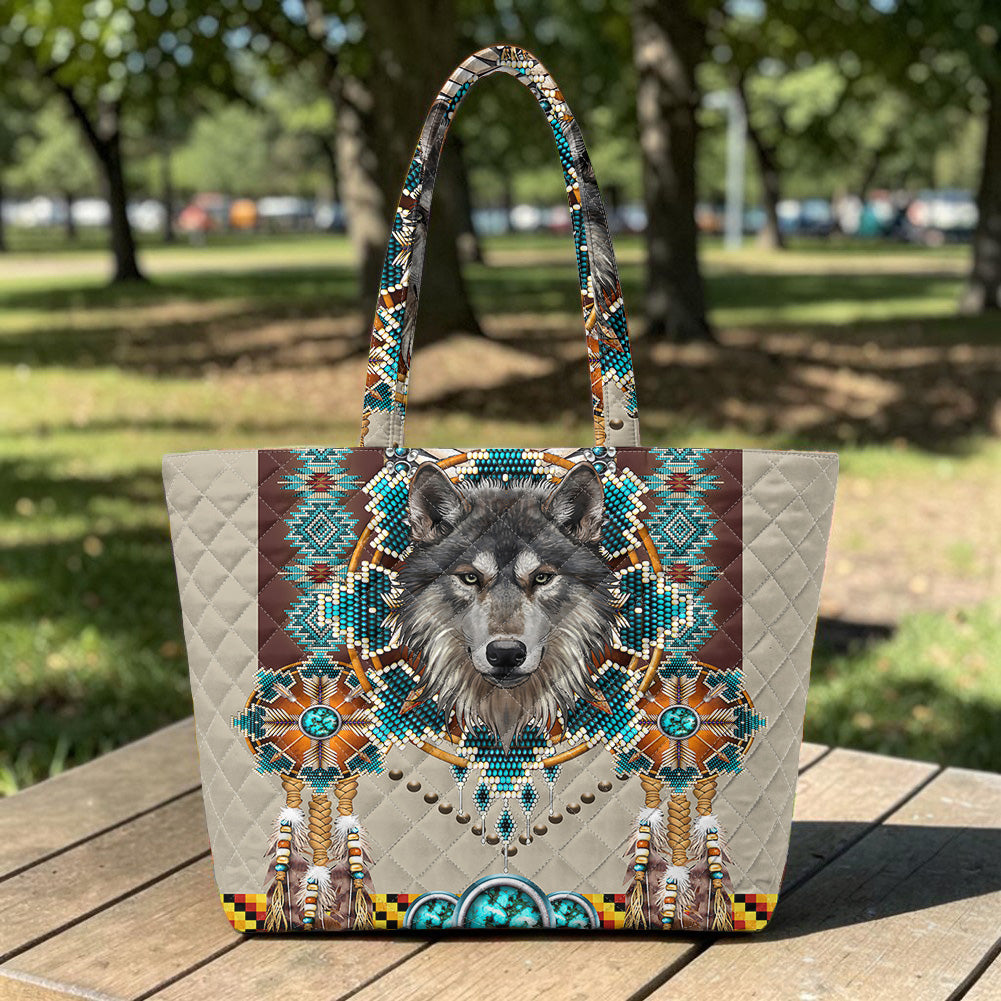 GB-NAT00069B Wolf Native American Quilted Shoulder Tote Bag