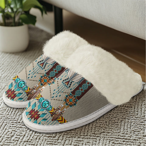 GB-NAT00069 Turquoise Blue Native American Slippers With Fur Edges