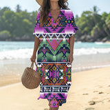 GB-NAT00071-02 Thunderbird Native American Women Loose V-Neck Summer Dress
