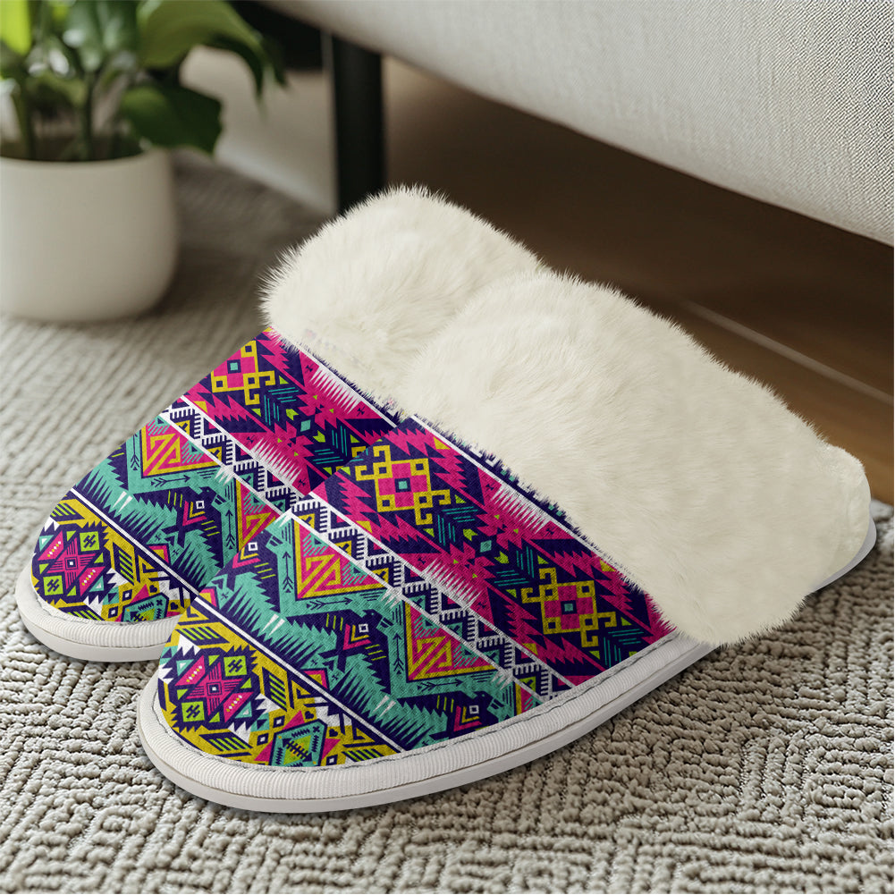 GB-NAT00071 Full Color Thunder Bird Native American Slippers With Fur Edges