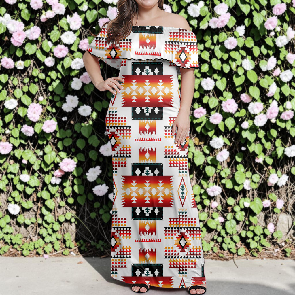 GB-NAT00075 Native American Off Shoulder Ruffle Maxi Dress