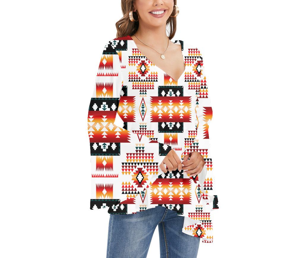 GB-NAT00075 Tribe Design Native Women's V-neck Blouse With Flared Sleeves