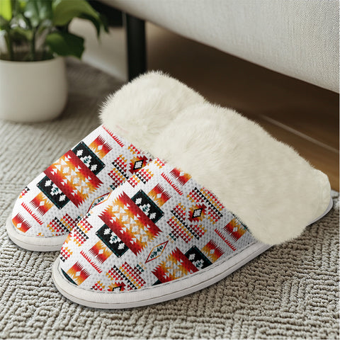 GB-NAT00075 White Tribes Native American Slippers With Fur Edges