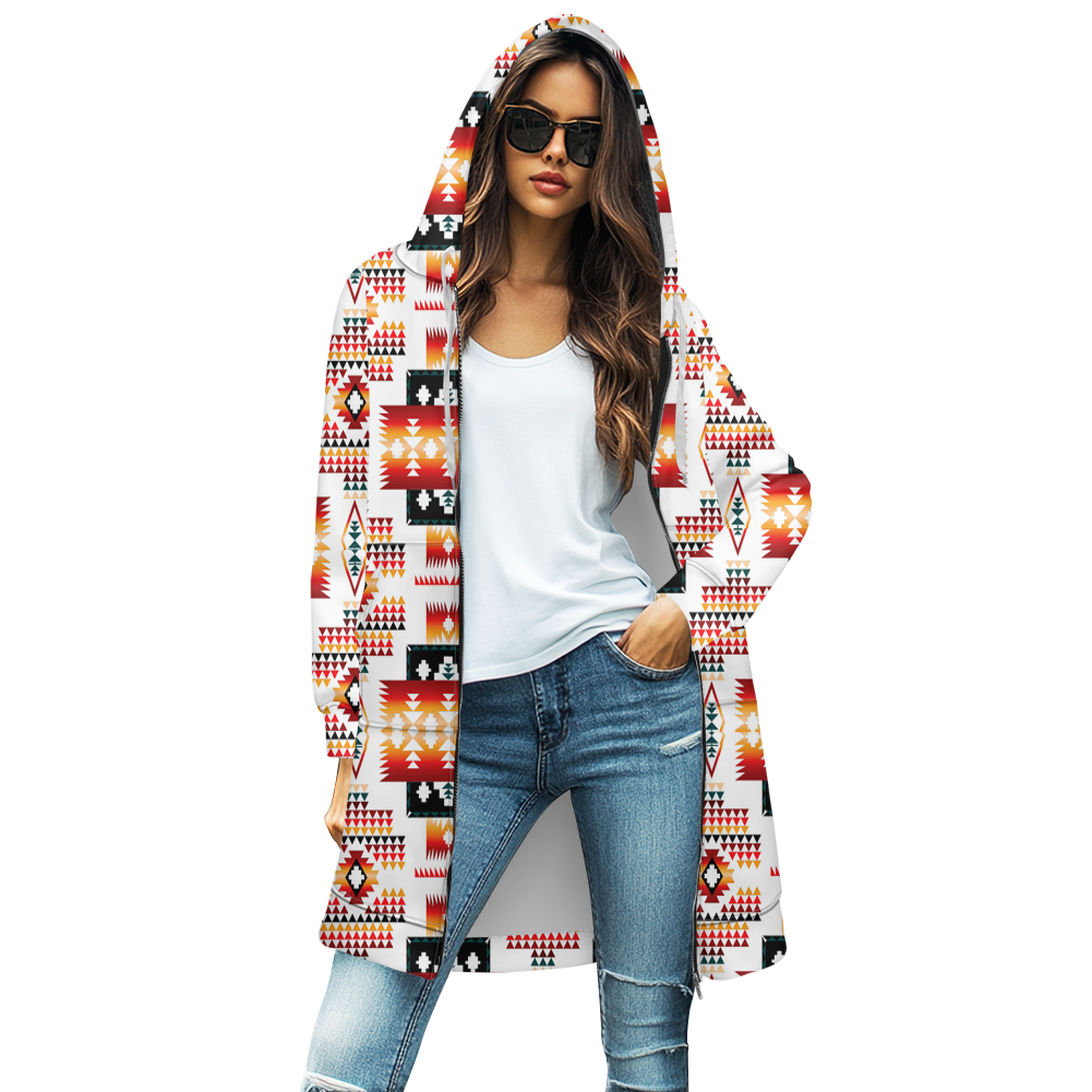 GB-NAT00075 White Tribes Native Women's Mid-Length Hooded Sweatshirt Cardigan