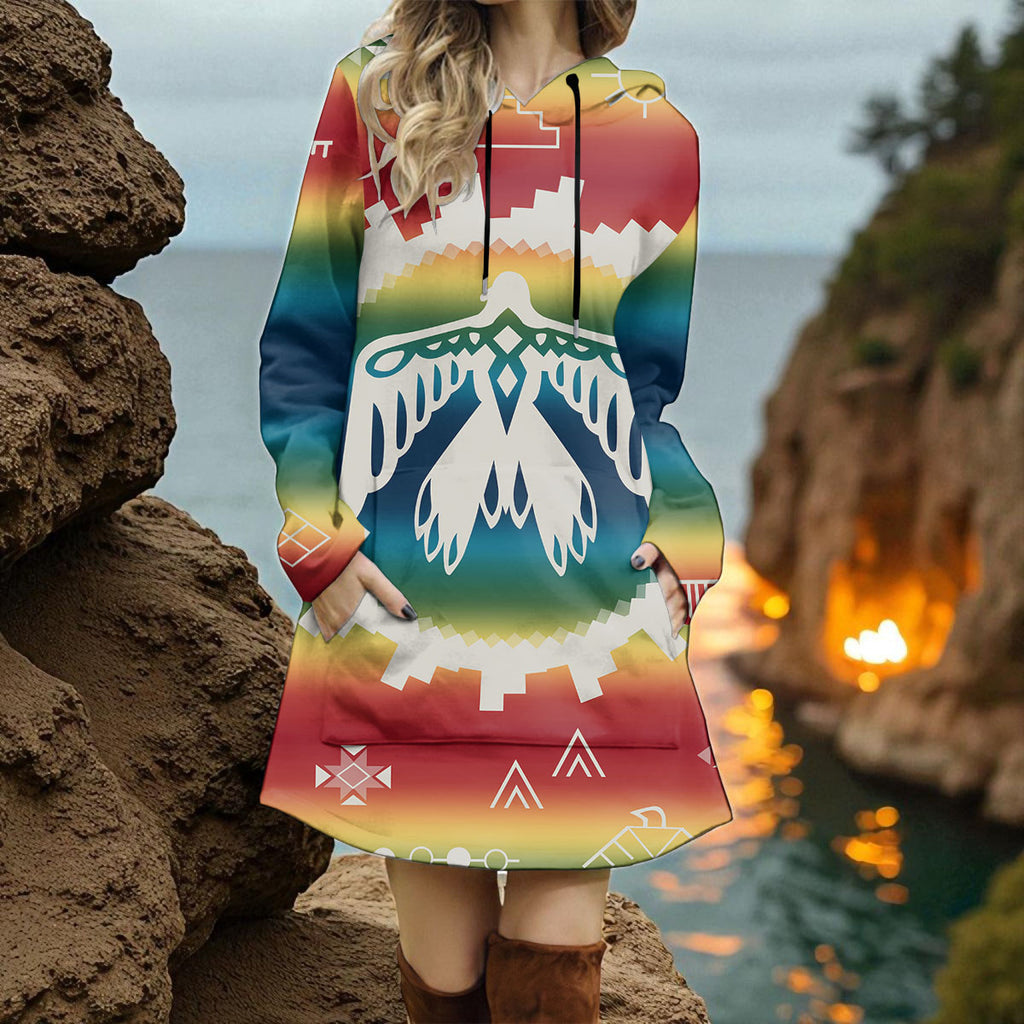 GB-NAT00077 Thunderbird Native American Women Longline Hoodie Dress