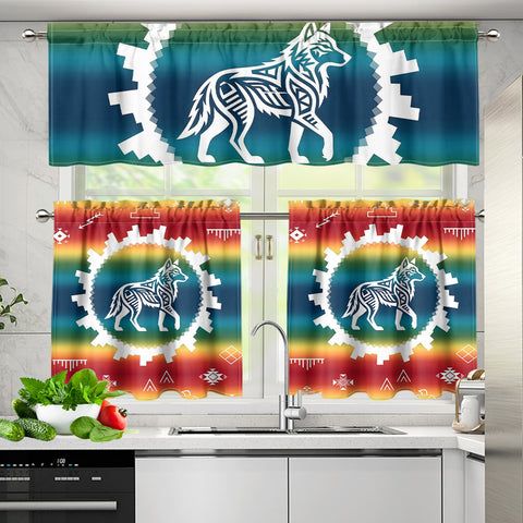 GB-NAT00077v2 Wolf Rainbow Native American Curtain Valance and Kitchen Tiers Set