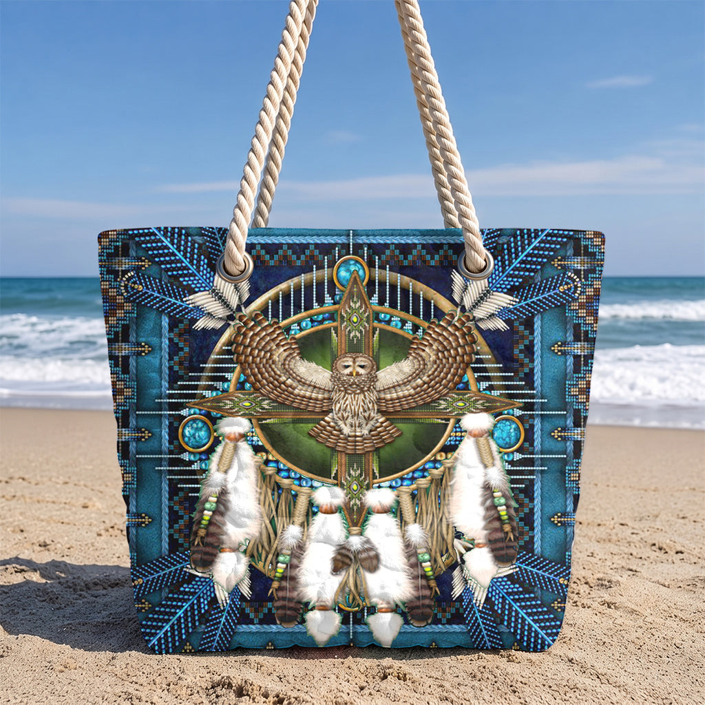 GB-NAT00083-02 Owl Native American Quilted Beach Bag